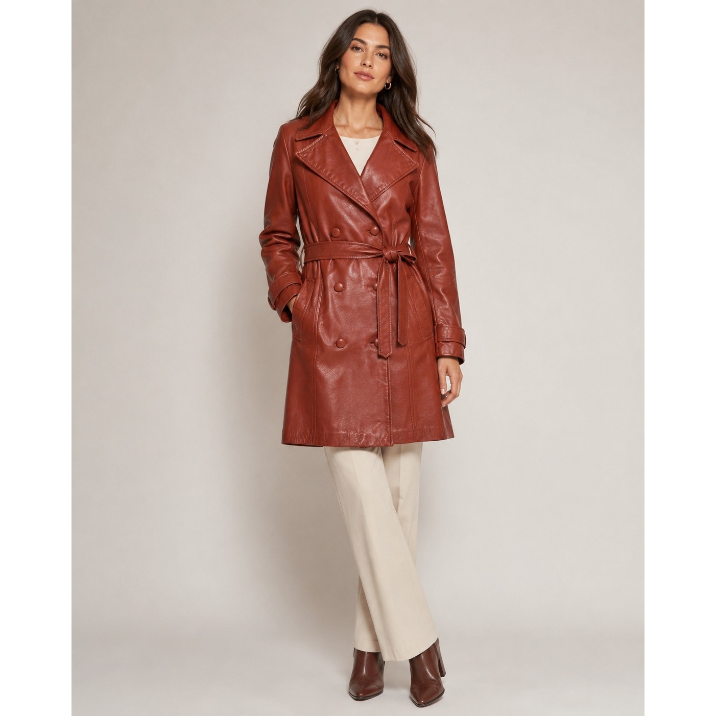 Vintage Womens Medium Trench Coat Rust Red Leather Floral Lined Double Breasted